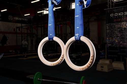 Кольца гимнастические деревянные, D32мм (комплект) синие стропы